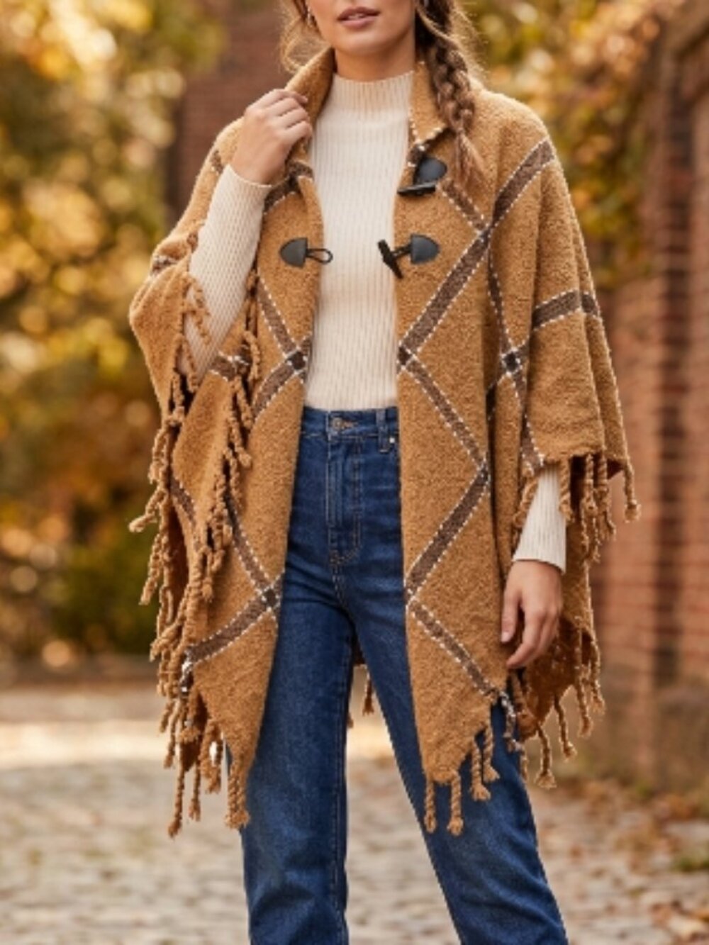 NWT Steve Madden Plaid Toggle Poncho OSFM Cozy Fall Boho Chic Fringe Layering